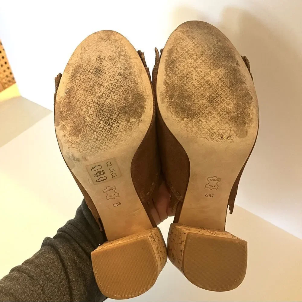 Tory Burch Huntington Camel Suede Fringe Slide Mules in Tan Size 8‎